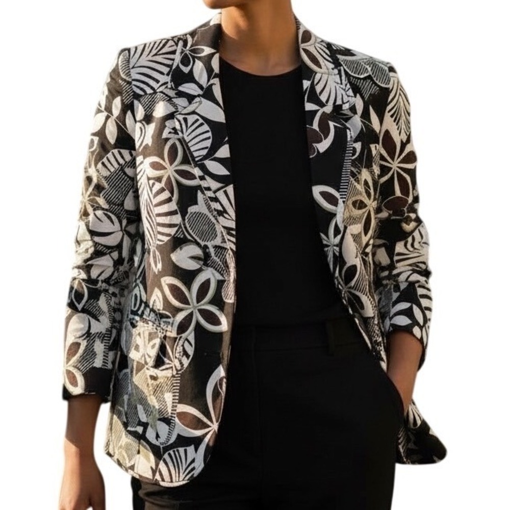 Silk Land 100% Silk Floral‎ Blazer Jacket Womens L Tropical Resort Botanical